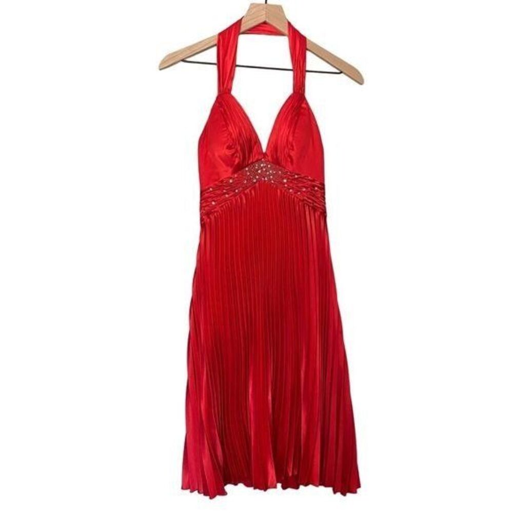Kiss Kiss Formal 2 Extra Small Red Halter Cocktail Dress Pleated Rhinestones